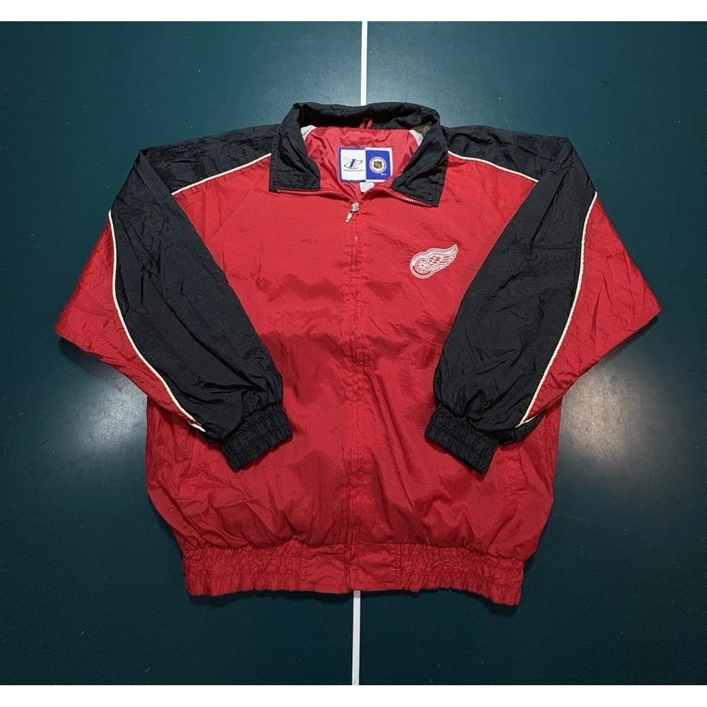 Vintage Detroit Red Wings Logo Athletic Jacket Mens XL Windbreaker Black Red 90s